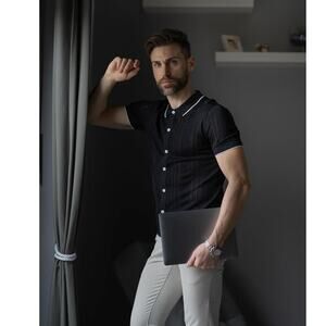 Grace Karin Men Medium Black White Button-Down Polo Top Cardigan Shirt